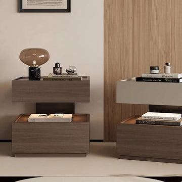 Wood Narrow Bedside Table in Walnut - Modern, with Shelves and Drawers